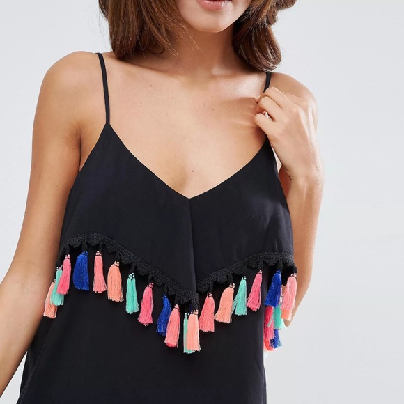 ASOS Cami Beach Dress with Multi Colored Tassel Trim - Black (US Size 6) - Picture 3 of 8
